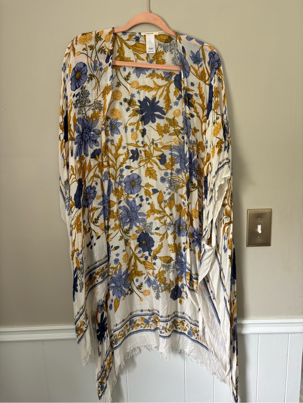Maurice’s - White Floral Kimono with Blue and Mustard Print